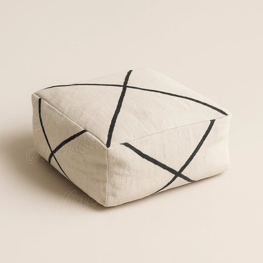 Minimalist square floor pouf in beige handwoven fabric with black lines, Moroccan artisan home decor
