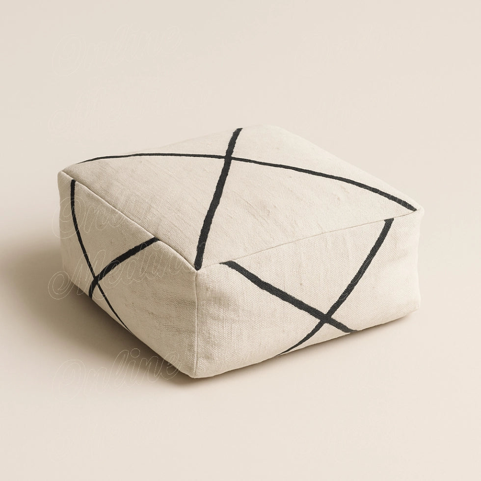 Minimalist square floor pouf in beige handwoven fabric with black lines, Moroccan artisan home decor