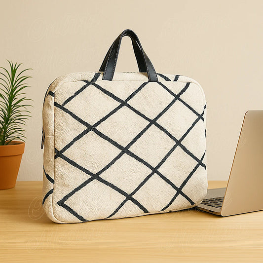 Moroccan Beni Ouarain laptop bag on wooden table with silver laptop – handcrafted wool and leather sleeve by Online Medina