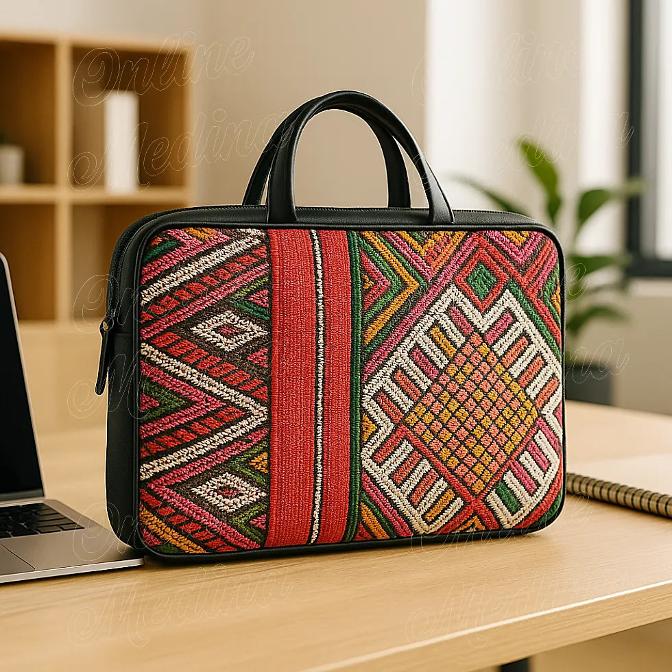 Moroccan laptop bag in red Hanbel fabric with black leather handles, handcrafted traditional design