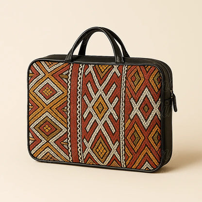 Moroccan artisan laptop case in warm red and ochre Hanbel textile with black leather details