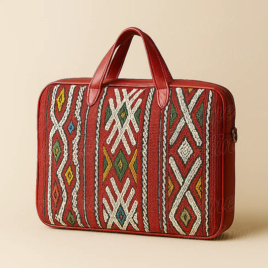 Laptop bag with red leather handles and colorful Berber Hanbel weaving, Moroccan craftsmanship