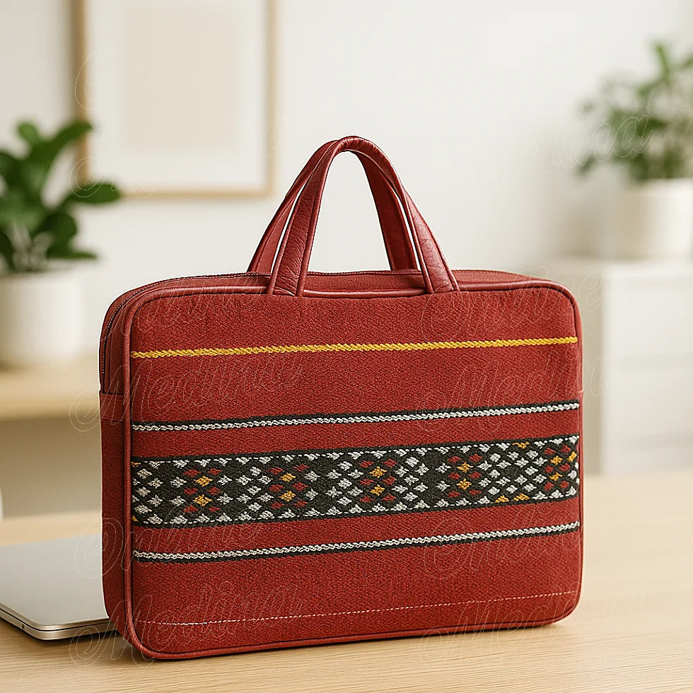 Moroccan red Hanbel briefcase with black leather, handmade artisan textile design