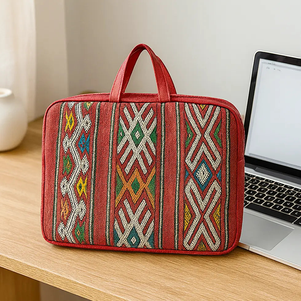 Handcrafted Moroccan laptop bag with red Hanbel fabric and leather handles, traditional pattern