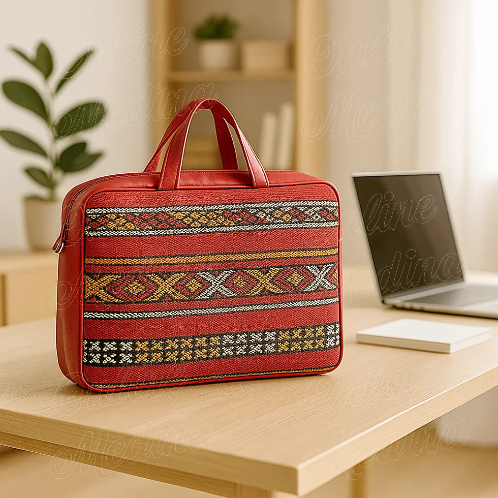 Red Hanbel Moroccan laptop bag on wooden desk, handmade artisan textile with geometric motifs