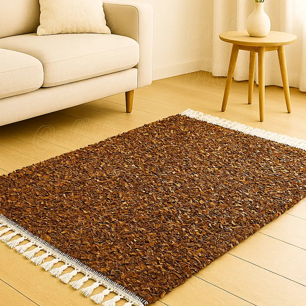 Moroccan artisan boucharouite rug in warm brown tones displayed in a bright modern living room with beige furniture and natural light.