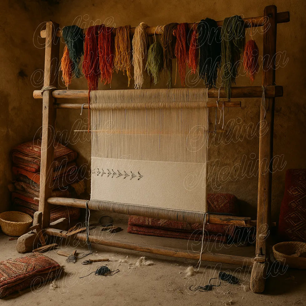 Traditional Moroccan weaving loom with colorful wool threads in an artisan workshop