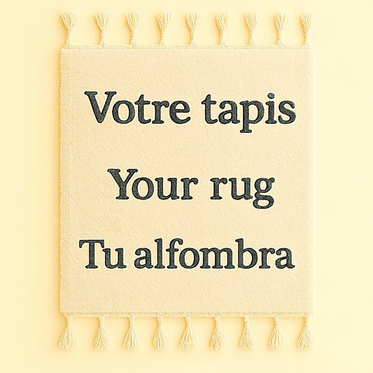 Beige Moroccan wool rug with embroidered text in three languages: Votre tapis, Your rug, Tu alfombra