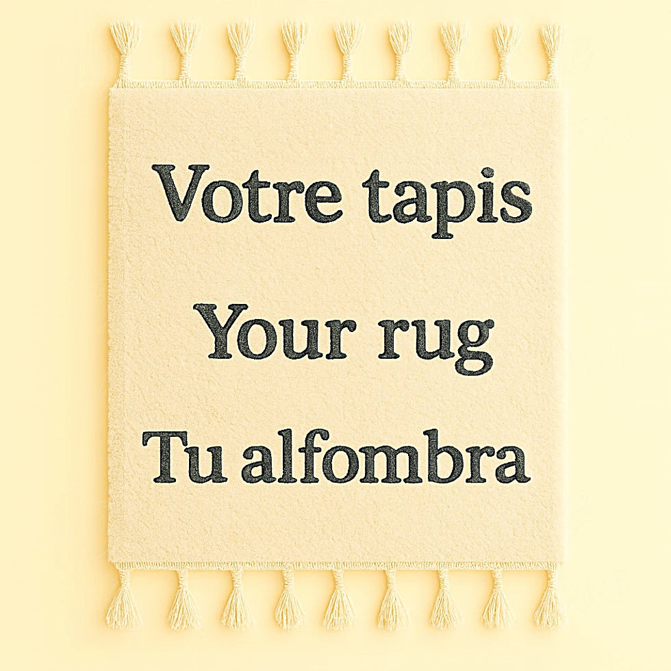 Beige Moroccan wool rug with embroidered text in three languages: Votre tapis, Your rug, Tu alfombra
