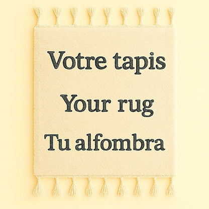 Beige Moroccan wool rug with embroidered text in three languages: Votre tapis, Your rug, Tu alfombra