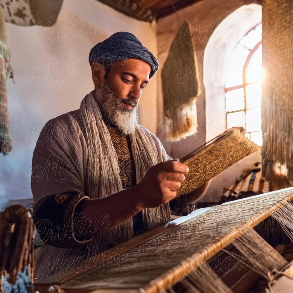 Moroccan master artisan hand-weaving a custom rug design, turning a client’s vision into reality with ancestral techniques.
