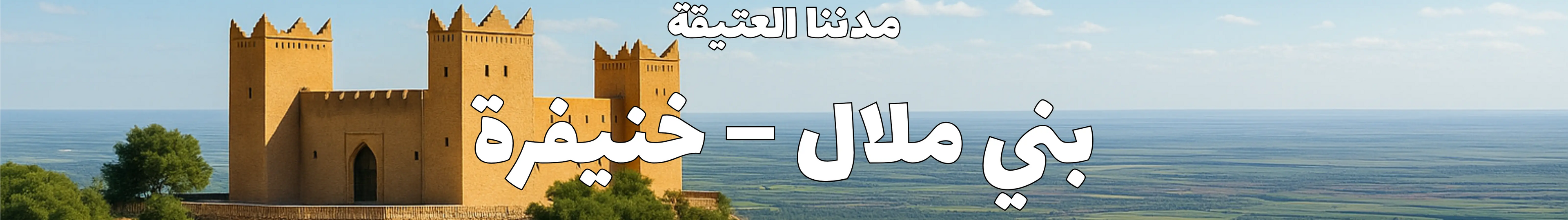 لافتة مدننا العتيقة – بني ملال خنيفرة، المغرب، تُظهر قصبة تاريخية في قلب الأطلس المتوسط وتراث الحرف المغربية
