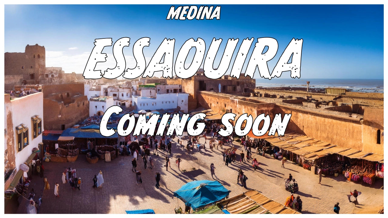 View of Essaouira's historic medina with its bustling market, sunlit stone walls and ocean view – Moroccan coastal city, medina opening soon on Online Medina.
