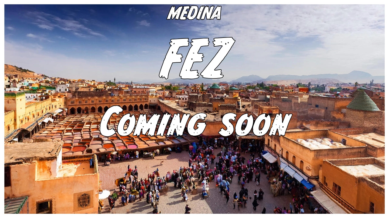 Fez medina coming soon – bustling market square with traditional Moroccan leather tanneries and crowded alleys, future destination on Online Medina.