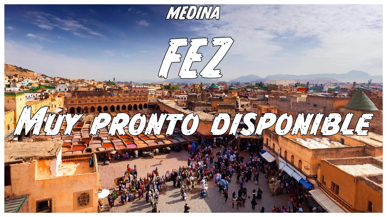 Medina de Fez – muy pronto disponible en Online Medina: mercado tradicional marroquí con curtidurías, arquitectura histórica y ambiente vibrante.