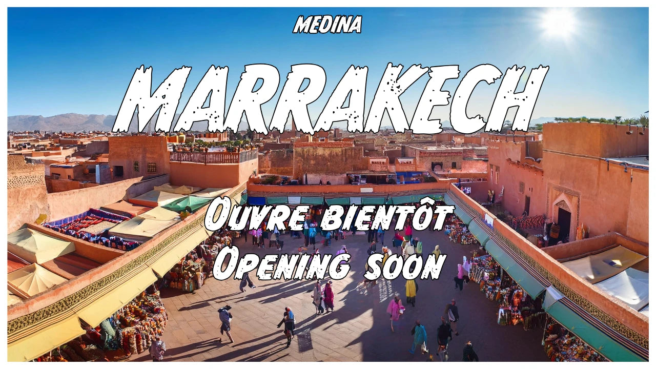 Scène vibrante de la médina de Marrakech, mêlant artisanat marocain, étals traditionnels et architecture en terre cuite.