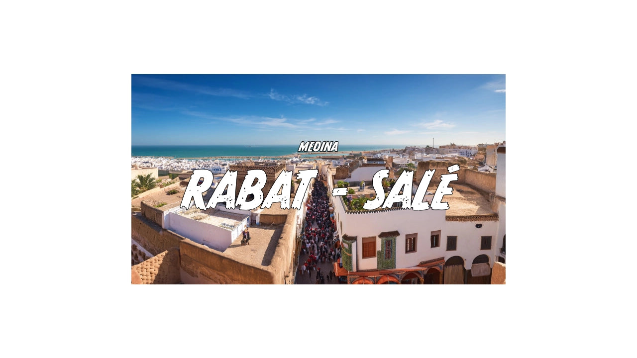 Vue panoramique de la médina de Rabat avec ses remparts historiques, ses ruelles animées et son architecture traditionnelle marocaine, reflet du patrimoine culturel et artisanal du Maroc.