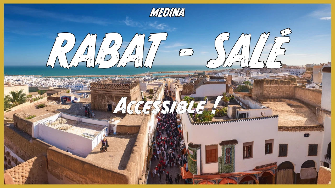 Vue panoramique de la médina de Rabat avec ses remparts historiques, ses ruelles animées et son architecture traditionnelle marocaine, reflet du patrimoine culturel et artisanal du Maroc.